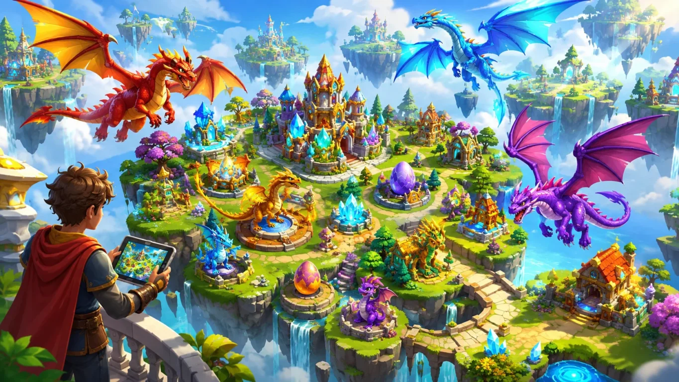 [Imagem: Dragões coloridos voando sobre ilhas flutuantes enquanto um jogador administra habitats mágicos.]