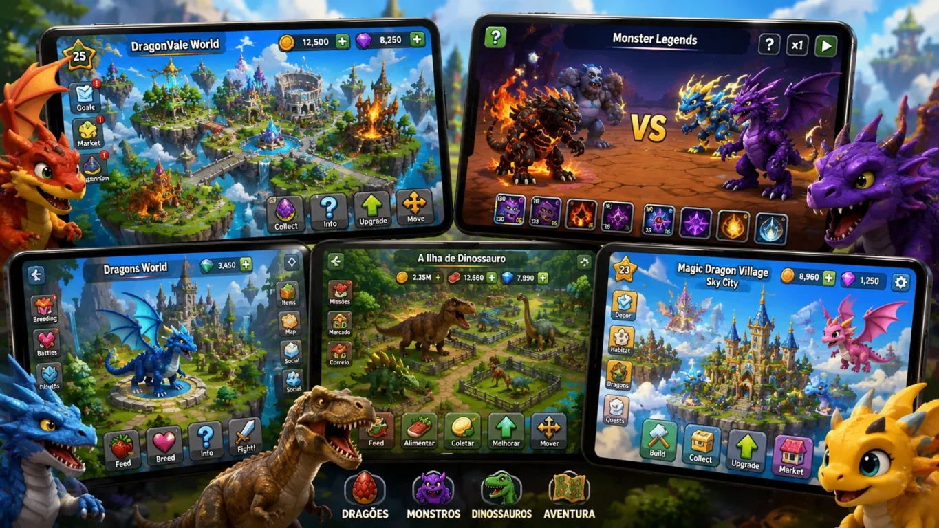 [Imagem: Comparação entre diferentes jogos de criação de dragões, monstros e dinossauros em dispositivos móveis.]