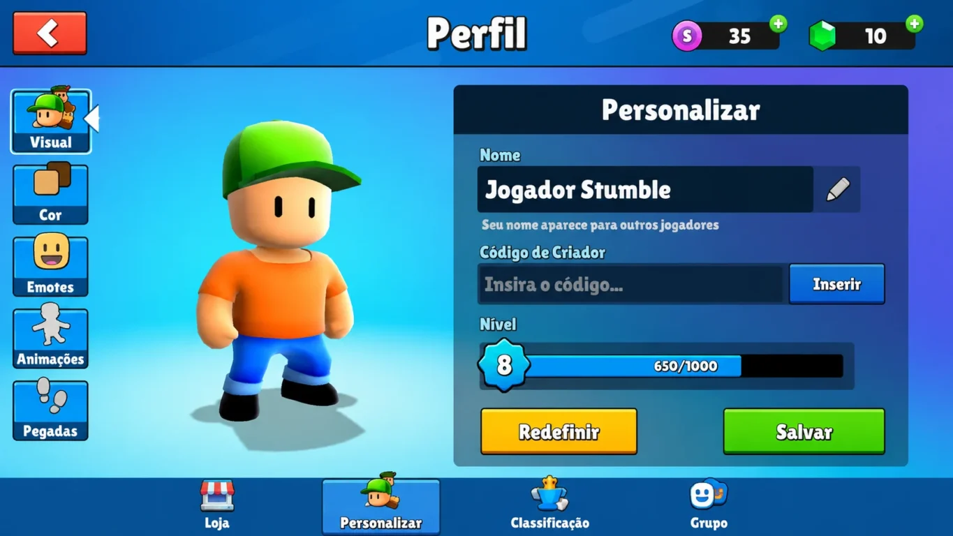 [Imagem: Tela de um jogador personalizando o nome no perfil do Stumble Guys.]