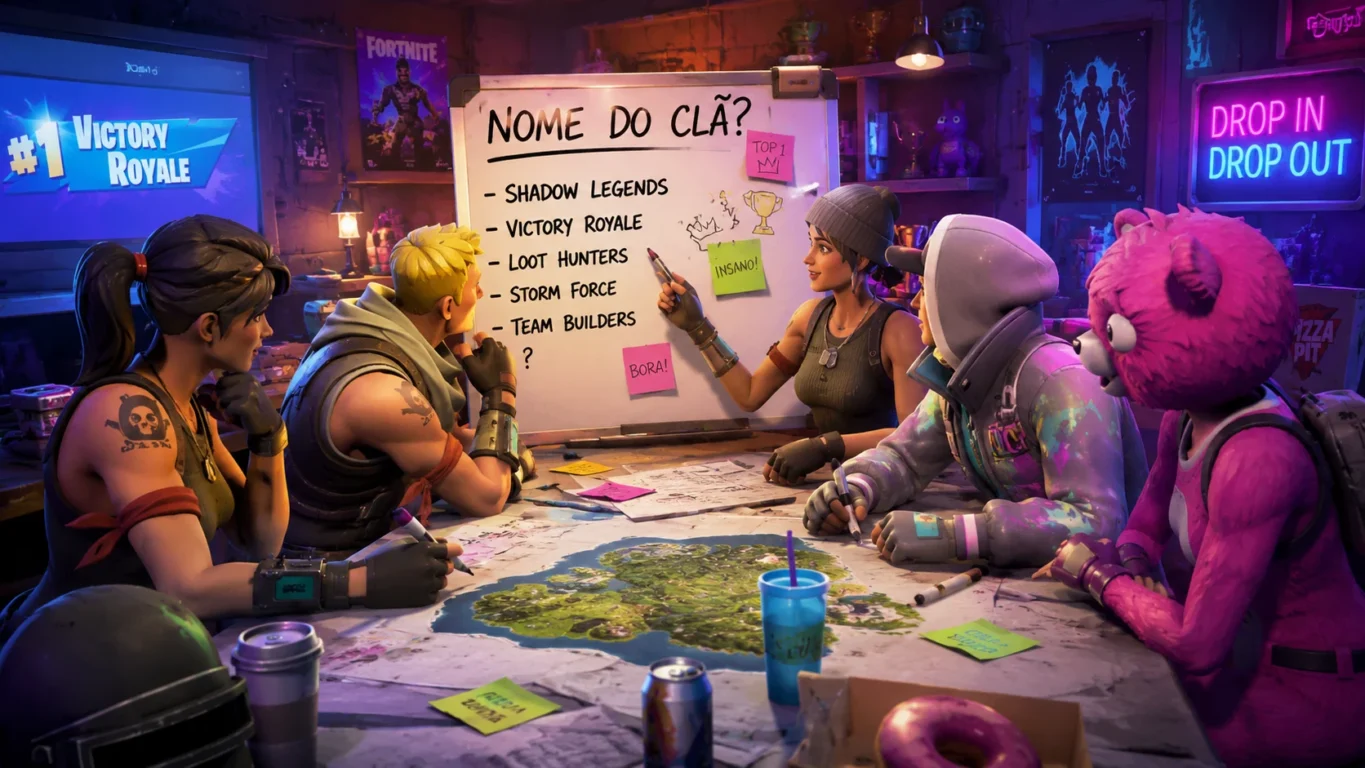 [Imagem: jogadores de Fortnite reunidos escolhendo o nome do clã]