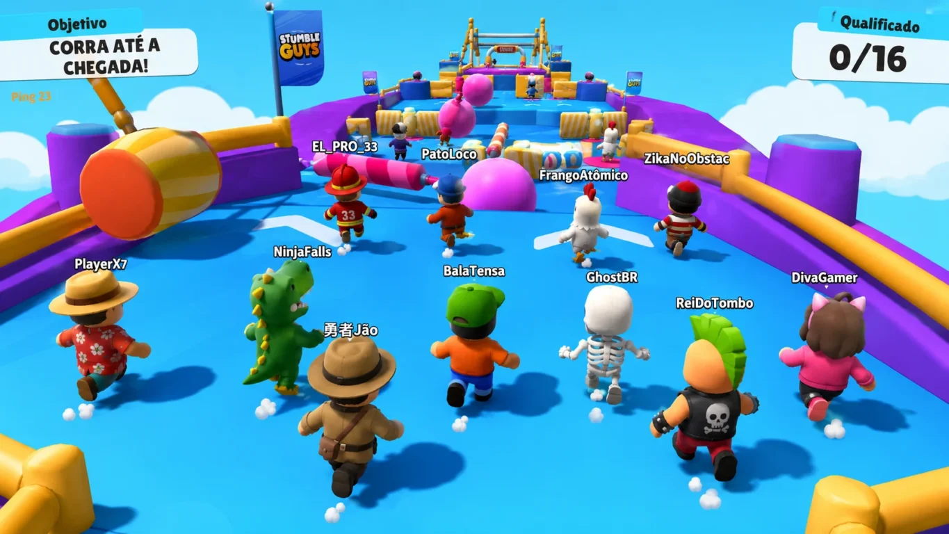 [Imagem: Vários jogadores competindo em uma fase colorida do Stumble Guys com diferentes nicknames visíveis.]