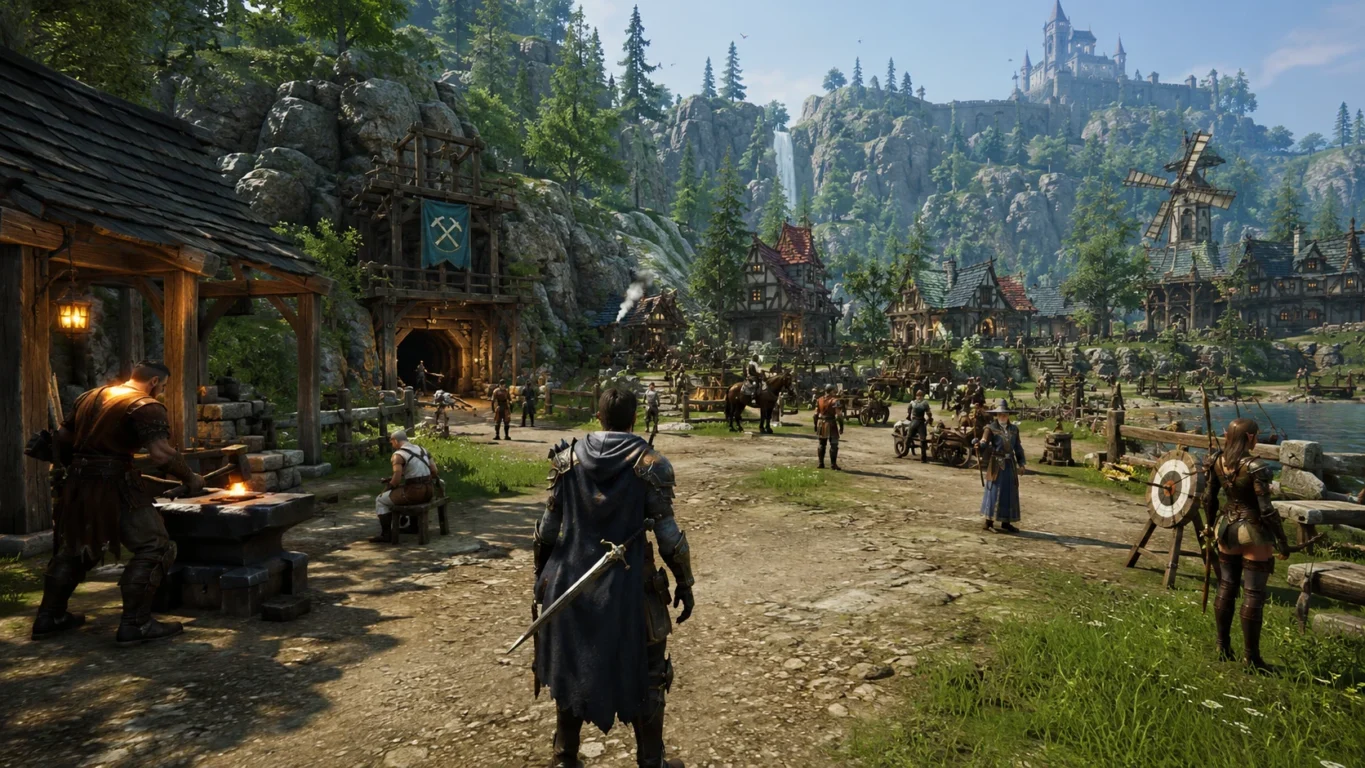 [Imagem: Personagem explorando uma vila medieval clássica cercada por florestas, minas e jogadores realizando diferentes atividades.]
