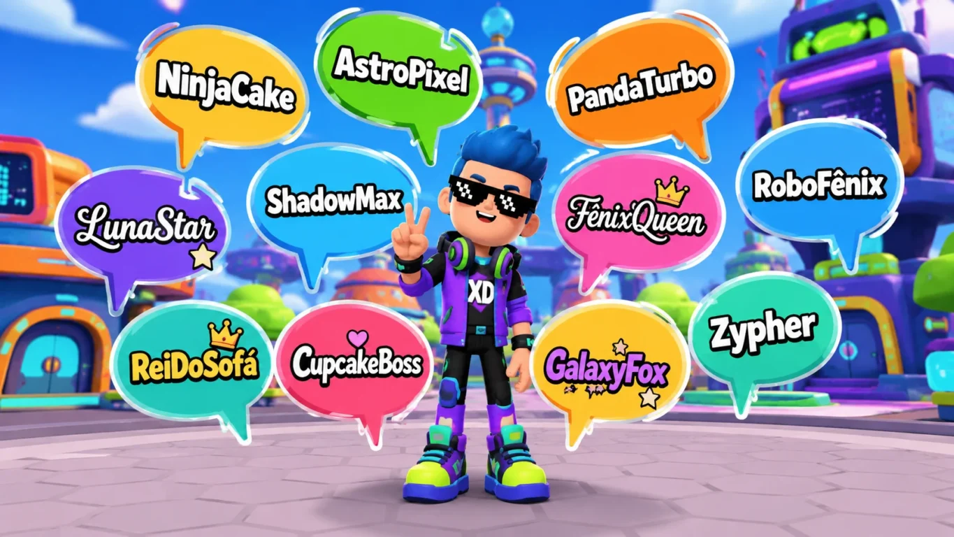 [Imagem: Personagem personalizado de PK XD cercado por balões com diversos estilos de nomes criativos.]