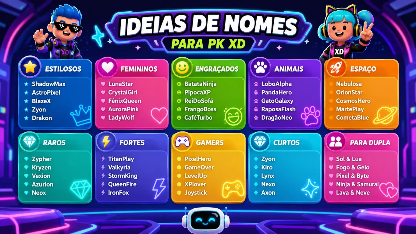 [Imagem: Tela ilustrativa mostrando diferentes estilos de nomes organizados em categorias coloridas.]