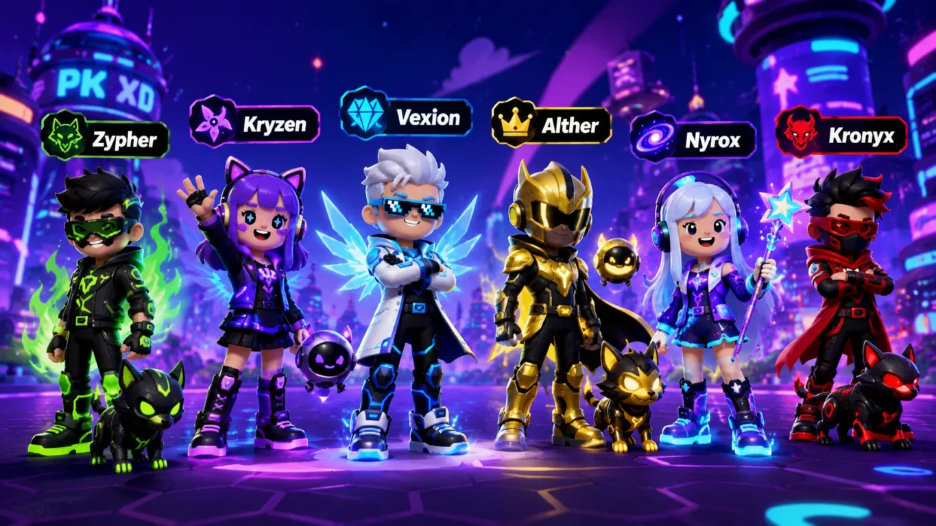 [Imagem: Grupo de personagens futuristas de PK XD com visuais diferentes representando estilos de nomes raros.]