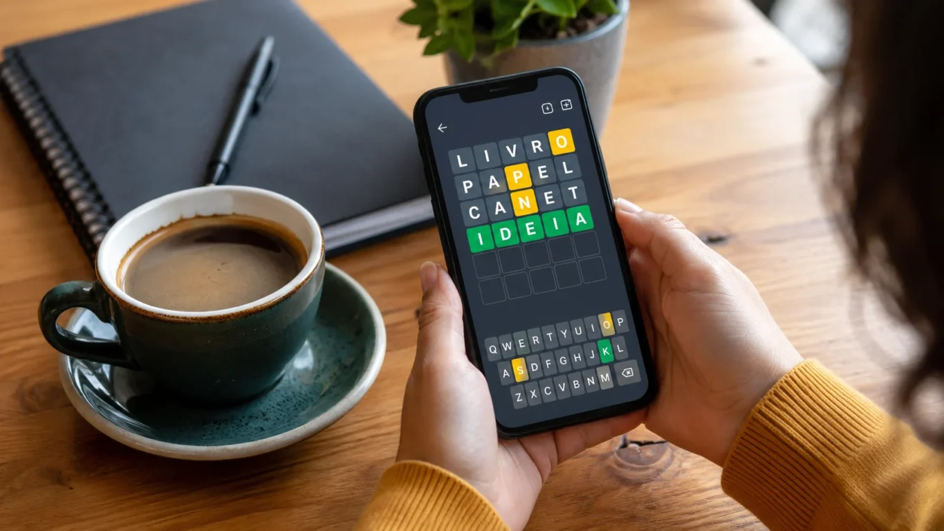 [Imagem: Pessoa resolvendo um jogo de palavras em um smartphone enquanto um café está sobre a mesa.]