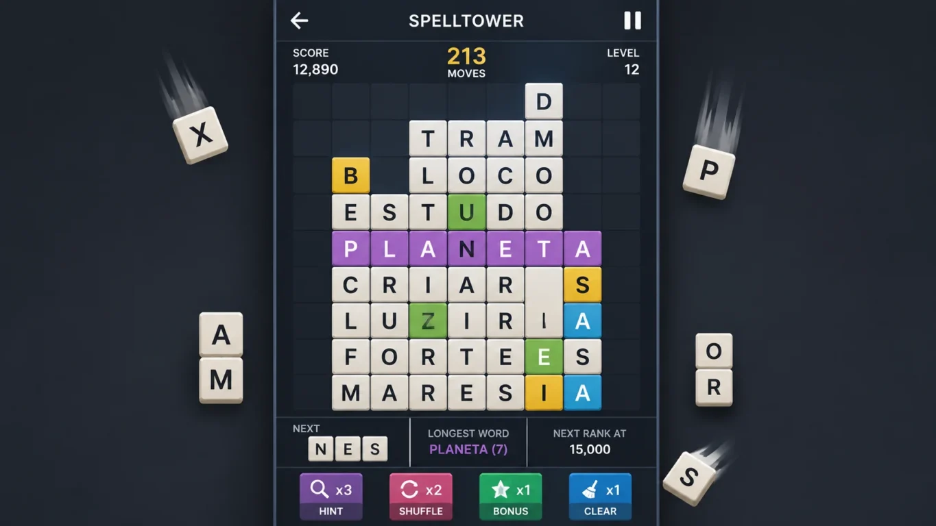 [Imagem: Blocos com letras formando palavras enquanto novas peças surgem na tela.]