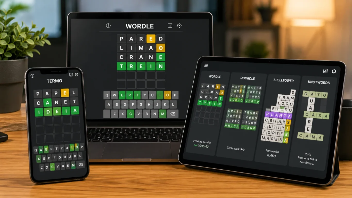 [Imagem: Comparação entre diferentes jogos de palavras exibidos em celular, tablet e computador.]
