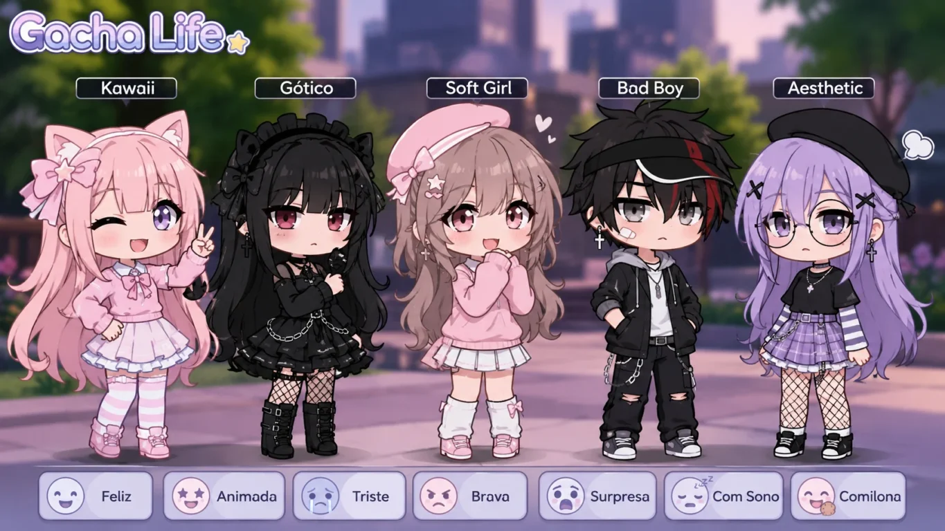 [Imagem: personagem de Gacha Life com diferentes estilos e expressões]
