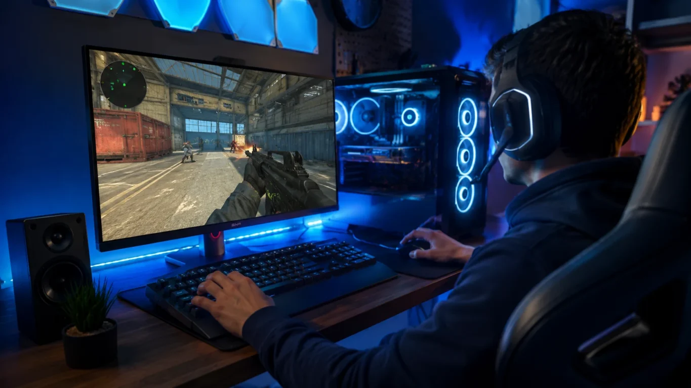 jogador utilizando computador gamer enquanto acompanha indicadores de ping
