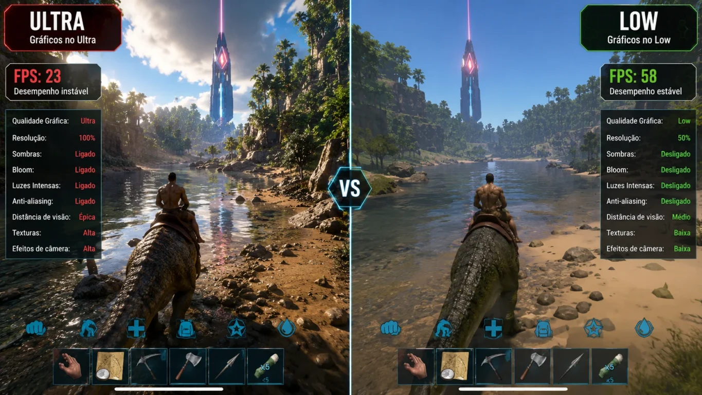 [Imagem: Comparação lado a lado entre gráficos no Ultra e no Low mostrando a diferença de desempenho em Ark Mobile.]