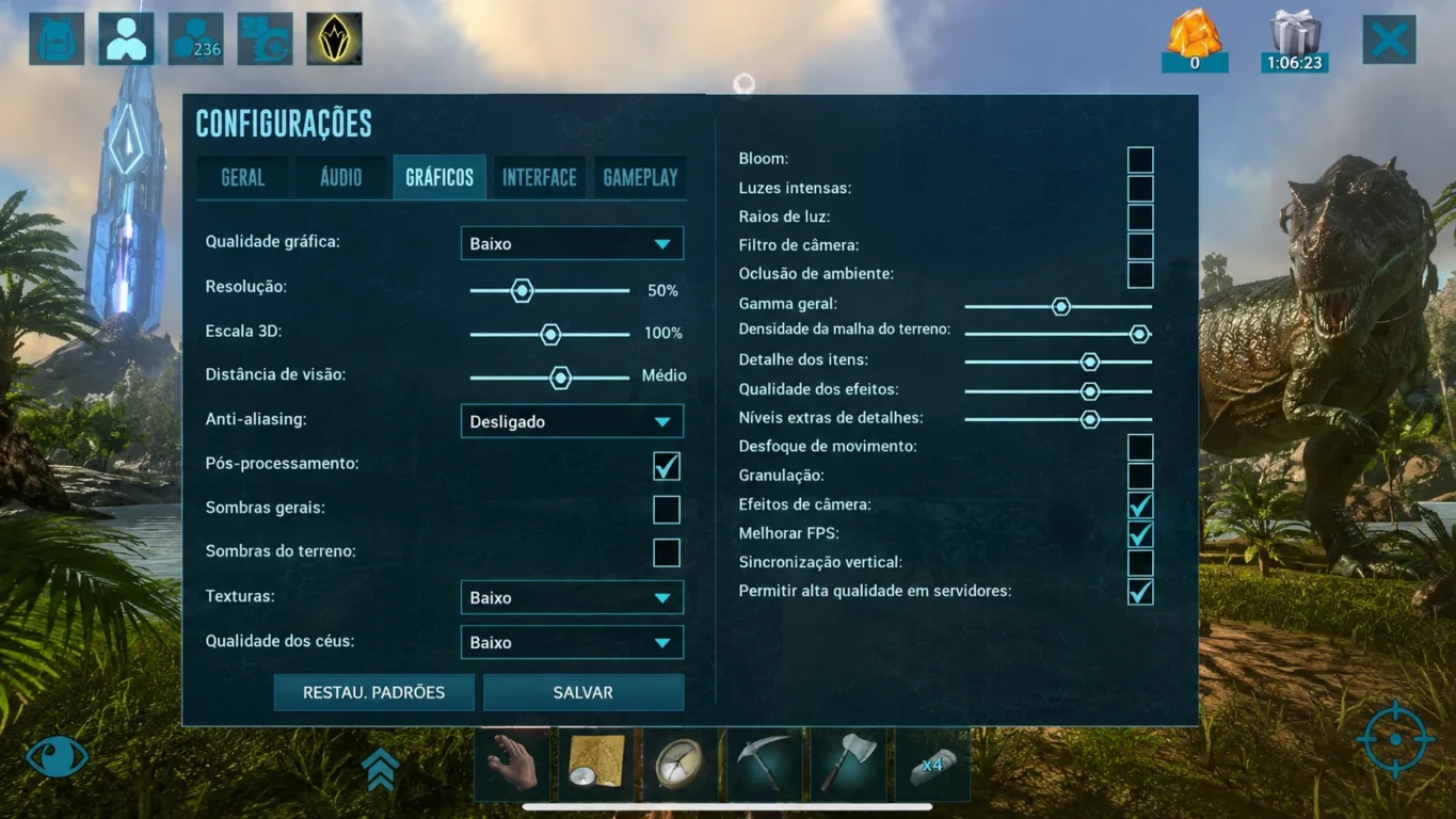 [Imagem: Tela do Ark Mobile aberta nas configurações gráficas mostrando opções como resolução, sombras, Bloom e qualidade gráfica.]