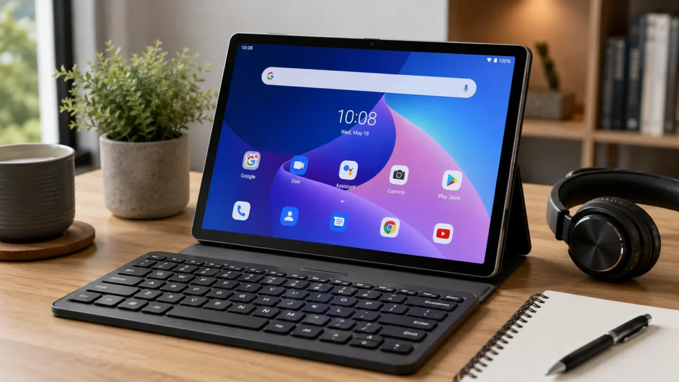 [Imagem: Tablet Xixaomiro Android 13 apoiado sobre uma mesa com teclado Bluetooth, caderno e fones de ouvido.]