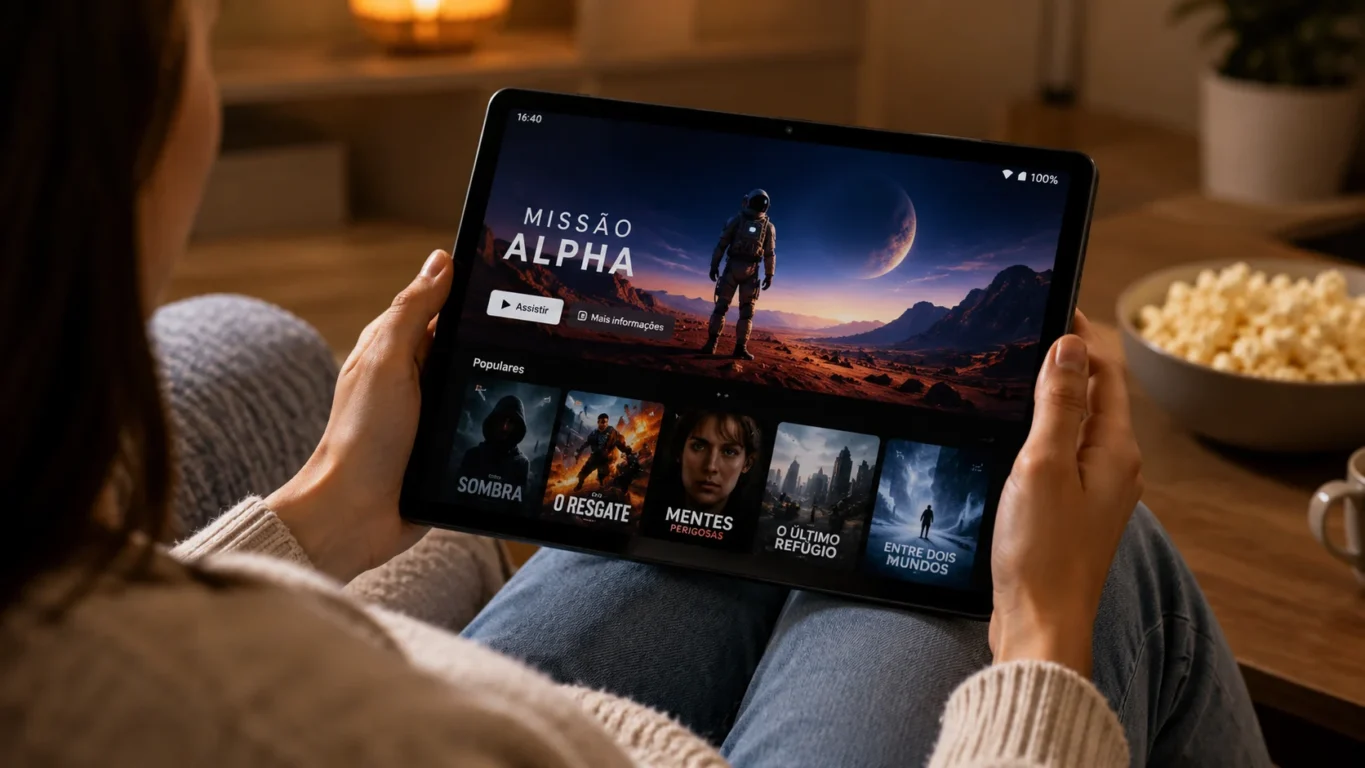 [Imagem: Pessoa assistindo um filme em um Tablet Xixaomiro com tela IPS de 10,1 polegadas.]