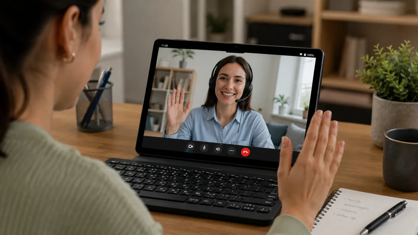 [Imagem: Pessoa realizando uma videochamada utilizando a câmera frontal do Tablet Xixaomiro.]
