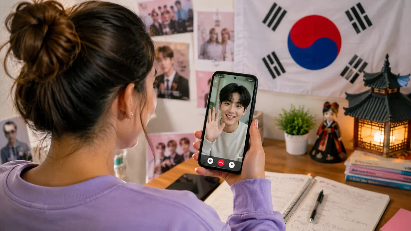 [Imagem: Pessoa utilizando um smartphone enquanto conversa por vídeo com um amigo coreano, com elementos da cultura coreana ao fundo.]