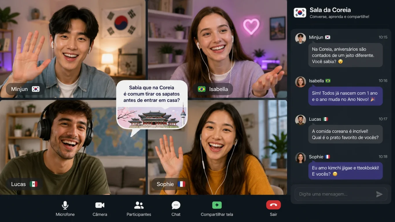 [Imagem: Grupo multicultural conversando online enquanto compartilha curiosidades sobre a Coreia do Sul.]
