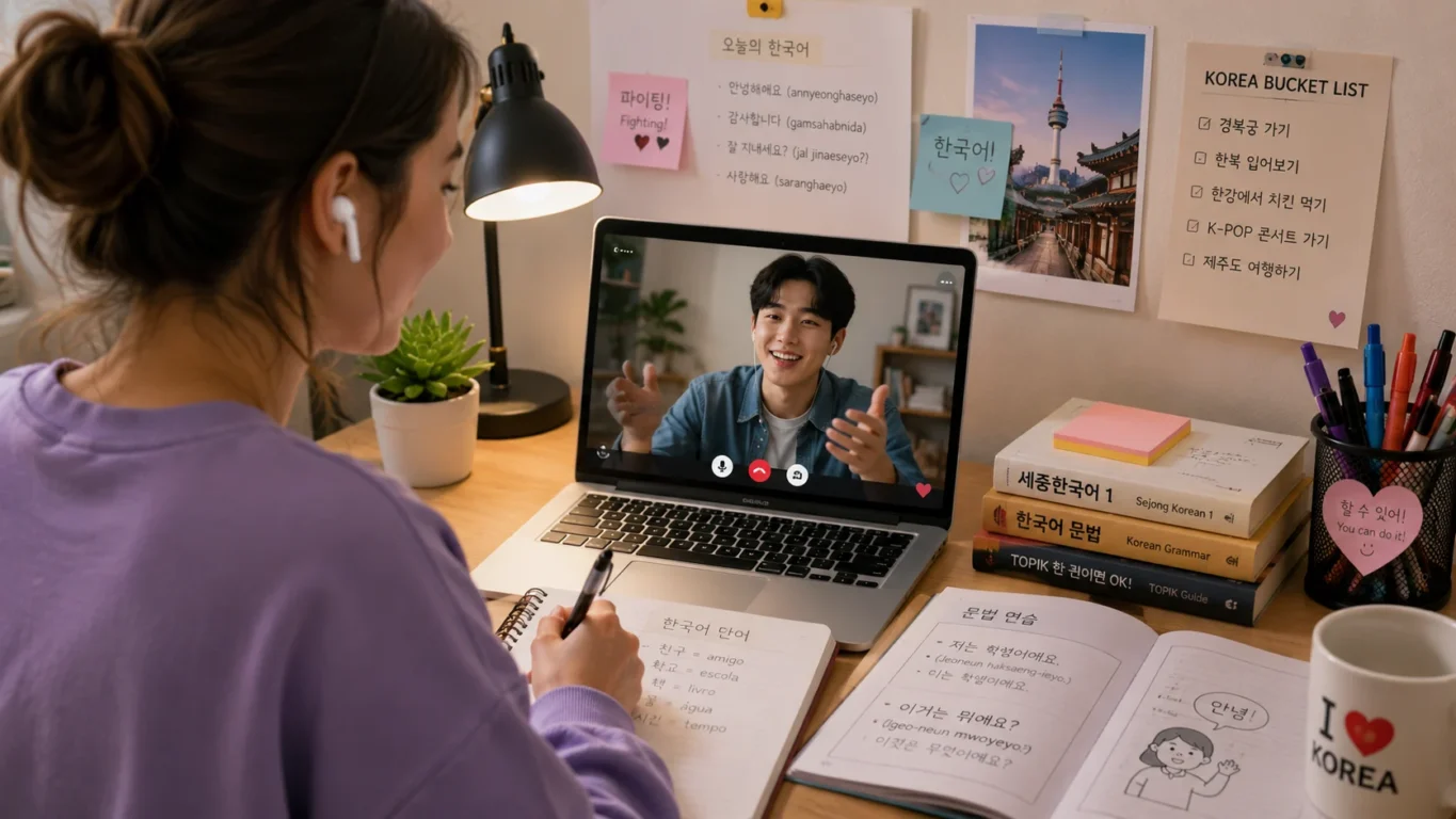 [Imagem: Pessoa estudando coreano em um notebook enquanto realiza uma chamada de vídeo com um falante nativo.]