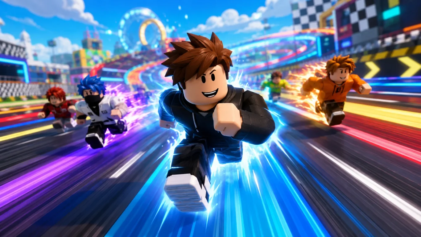 [Imagem: personagem de Race Clicker participando de uma corrida em alta velocidade com outros jogadores ao fundo]