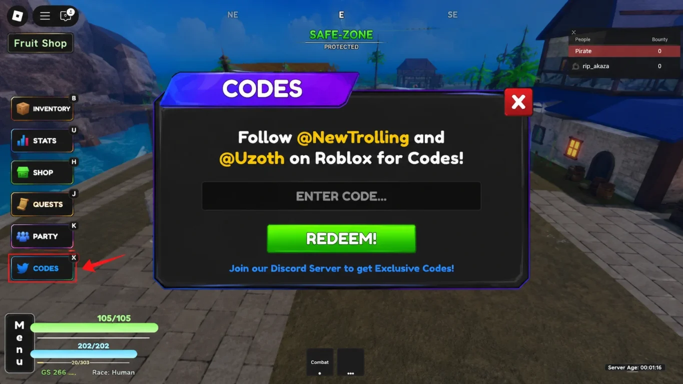 [Imagem: Tela do menu de resgate de códigos no Rock Fruit dentro do Roblox.]