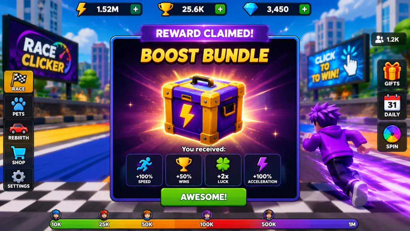 [Imagem: tela inspirada em Race Clicker destacando uma caixa de recompensa Boost Bundle]
