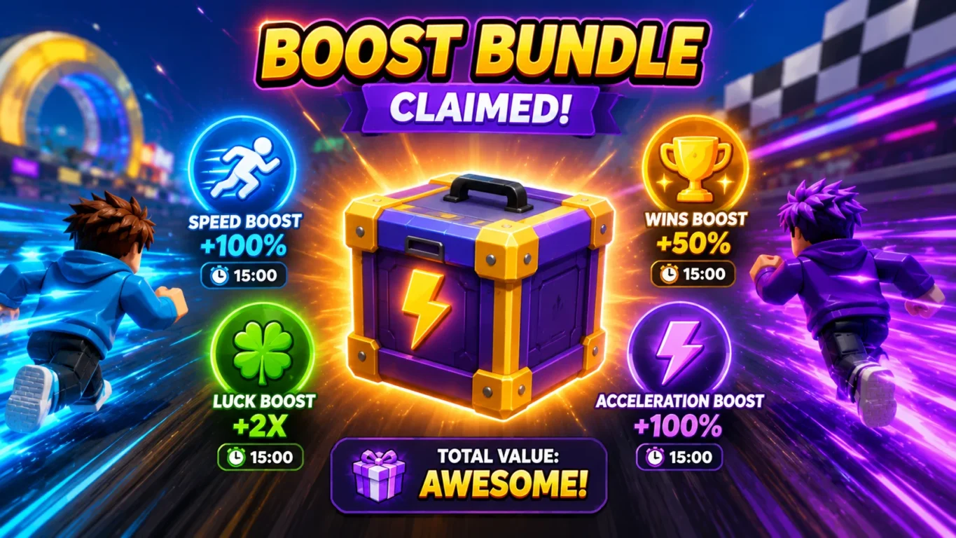 [Imagem: conjunto de recompensas e boosts de velocidade representando um Boost Bundle dentro de um jogo de corrida]