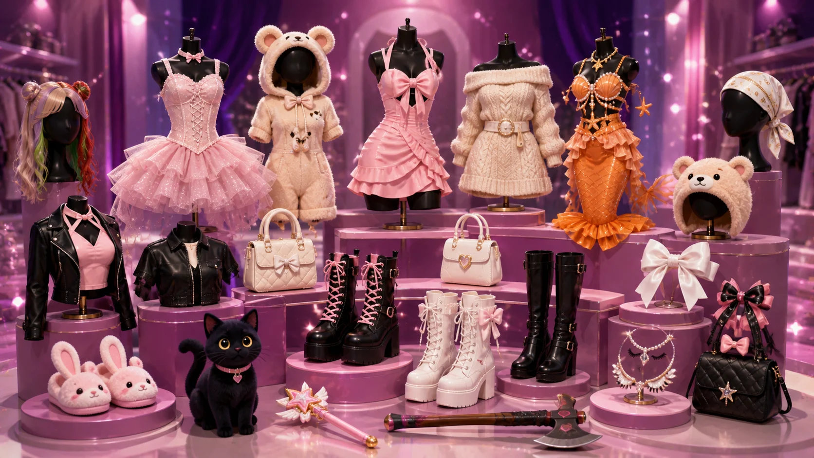 [Imagem: coleção de vestidos, bolsas, botas, laços e acessórios inspirados nas recompensas dos códigos de Dress to Impress]