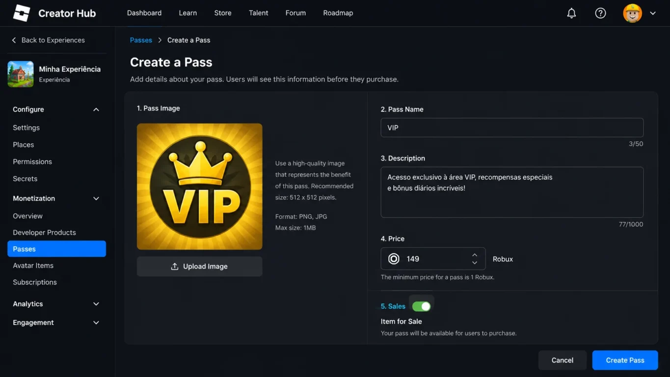 painel de configuração de um Game Pass