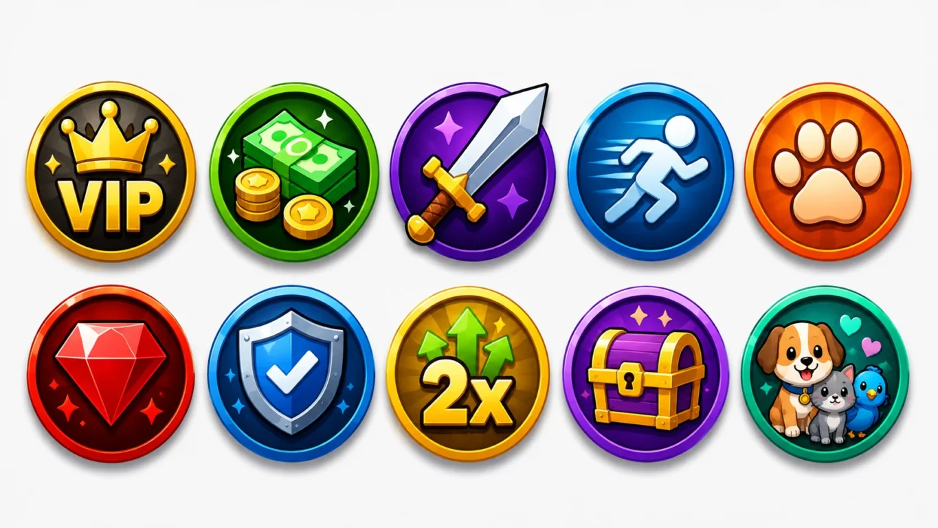 Game Pass, incluindo VIP, moedas, espada, velocidade e pets