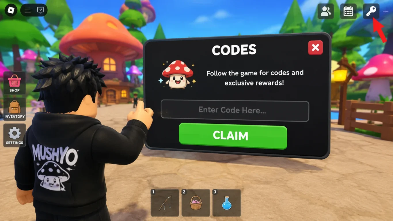 [Imagem: Personagem de MushYO abrindo o menu de códigos dentro do Roblox.]