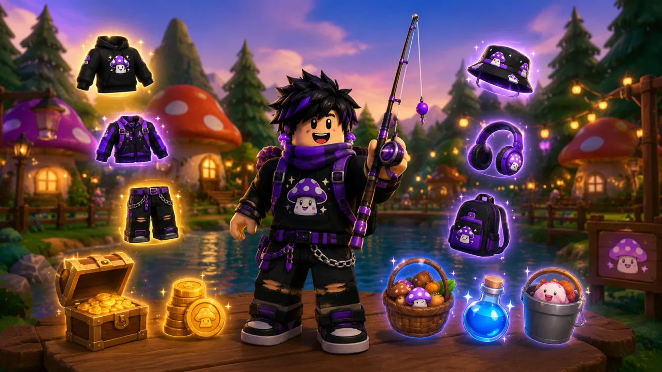 Personagem equipado com roupas exclusivas, segurando uma vara de pesca e cercado por itens desbloqueados.