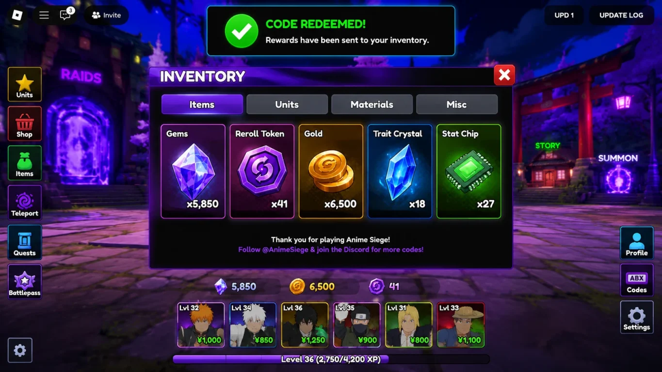 [Imagem: Interface de Anime Siege mostrando o inventário cheio de Gems e Reroll Tokens após o resgate de um código.]