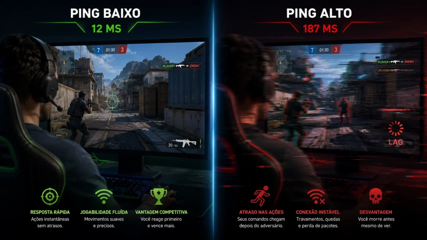 [Imagem: Comparação entre um jogador com ping baixo e outro com ping alto durante uma partida online.]