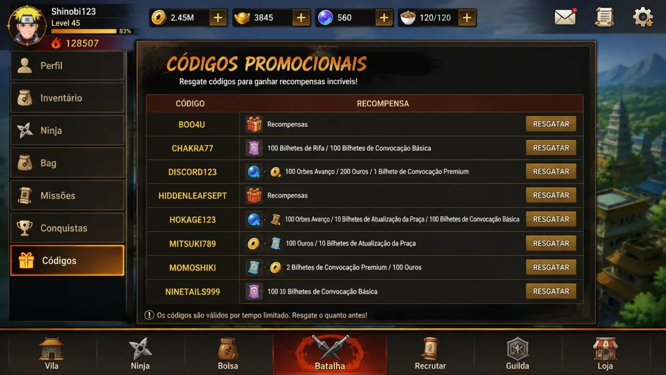 Codes Illumination of Fire: lista de códigos ativos (Julho de 2026) e como resgatar 1 Interface do jogo mostrando uma lista organizada de códigos promocionais ativos