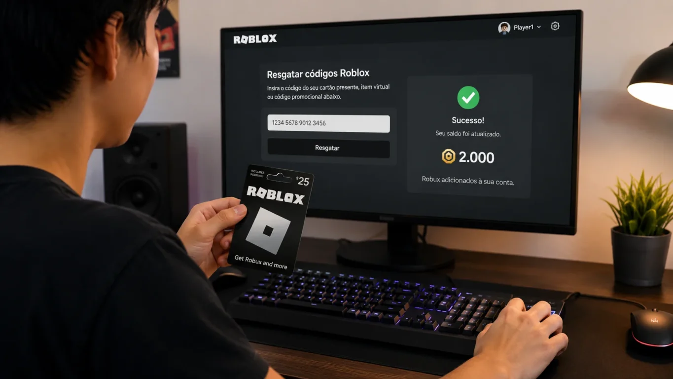 [Imagem: Pessoa resgatando um gift card do Roblox em um computador enquanto a tela mostra a conversão para Robux.]