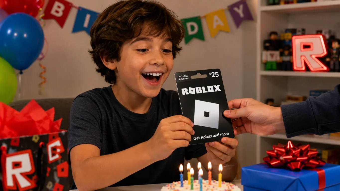 [Imagem: Criança feliz recebendo um gift card do Roblox como presente de aniversário.]