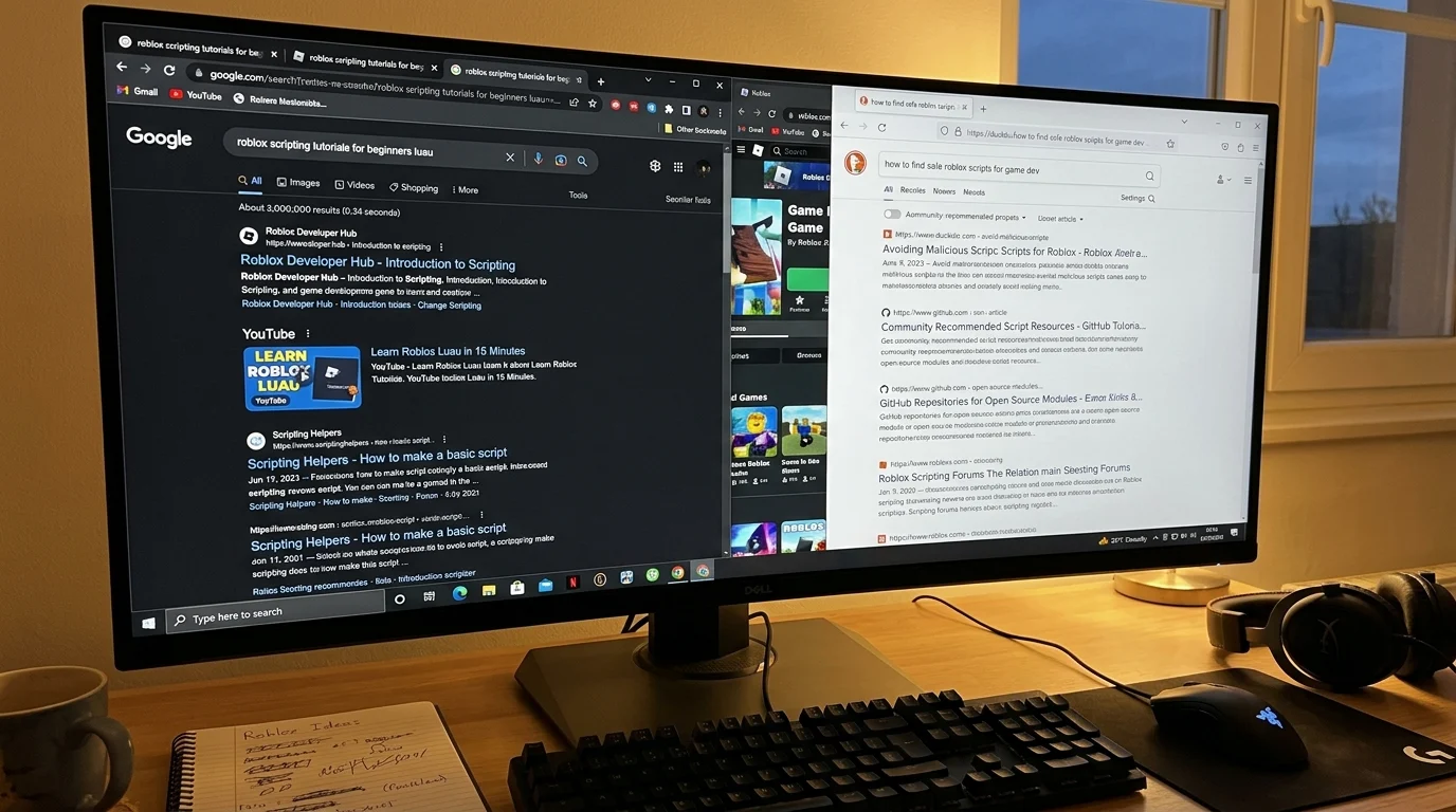 [Imagem: Computador exibindo várias páginas de pesquisa relacionadas a scripts e Roblox.]