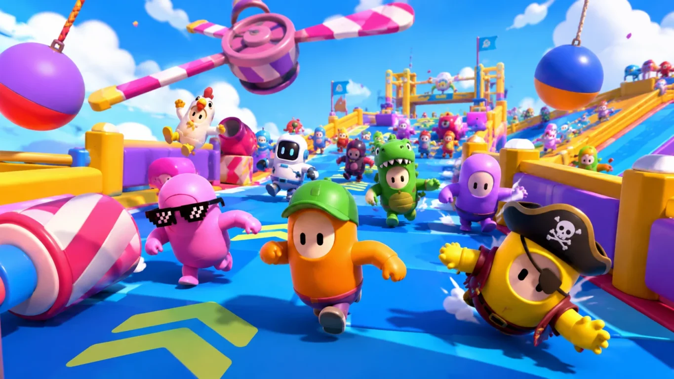 [Imagem: personagens coloridos disputando uma corrida em uma pista cheia de obstáculos, plataformas giratórias e armadilhas]