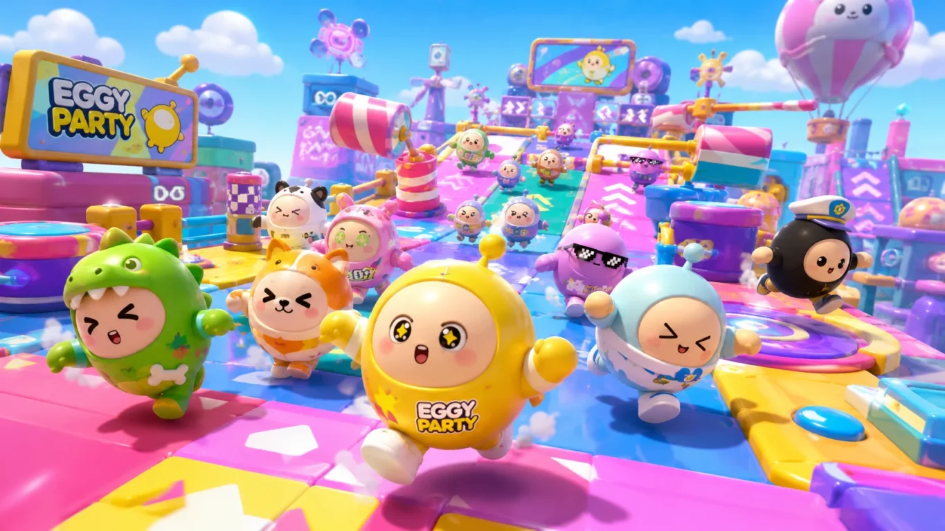 [Imagem: personagens arredondados e coloridos de Eggy Party correndo por uma pista com obstáculos e plataformas]