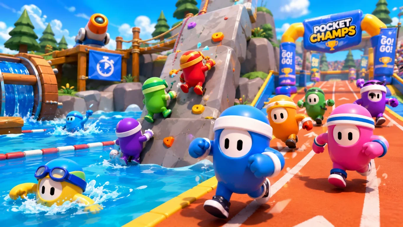 [Imagem: pequenos personagens de Pocket Champs participando de uma corrida com trechos de escalada, natação e corrida]