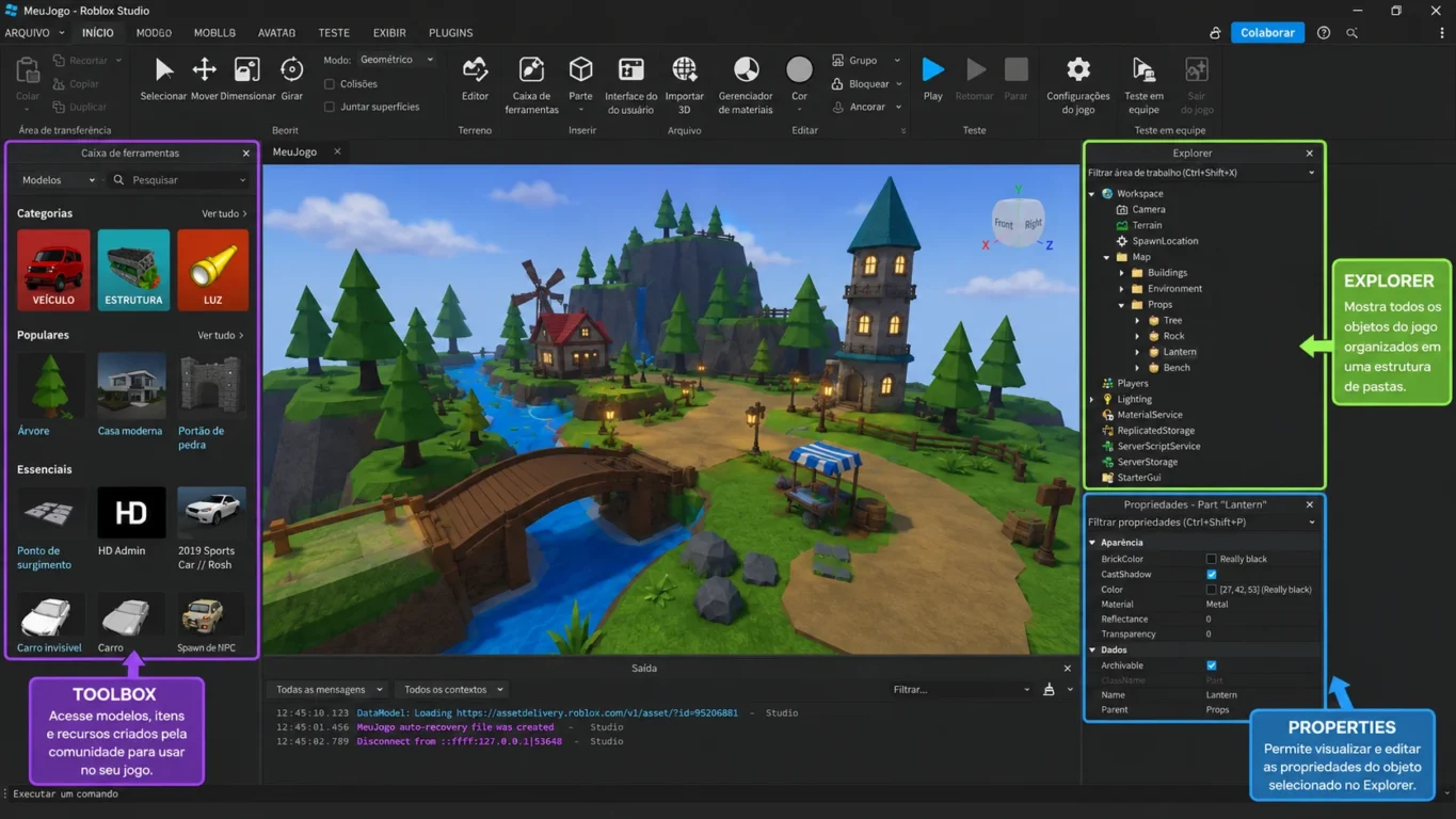 [Imagem: Interface do Roblox Studio destacando Explorer, Properties e Toolbox.]