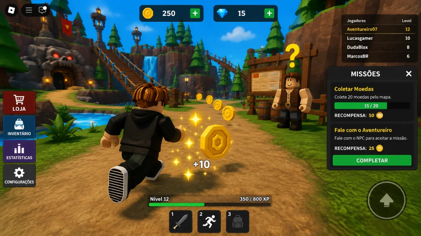 [Imagem: Personagem coletando moedas e completando missões em um mapa do Roblox.]