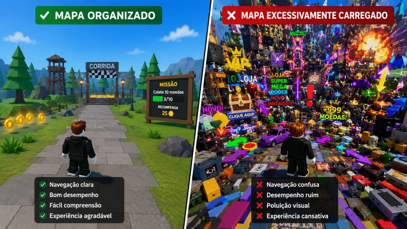 [Imagem: Comparação entre um mapa organizado e outro excessivamente carregado de objetos.]