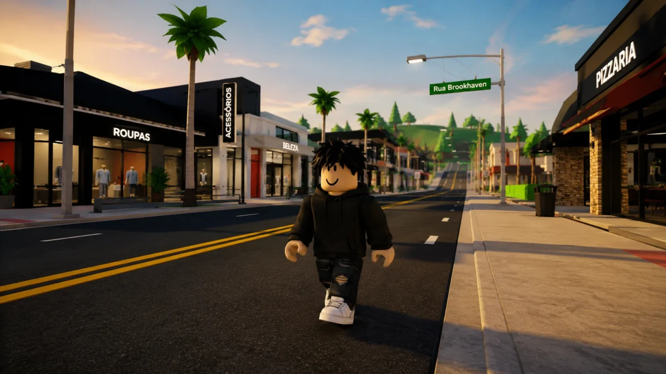 [Imagem: Personagem do Roblox caminhando lentamente por uma rua de cidade durante um jogo de roleplay.]