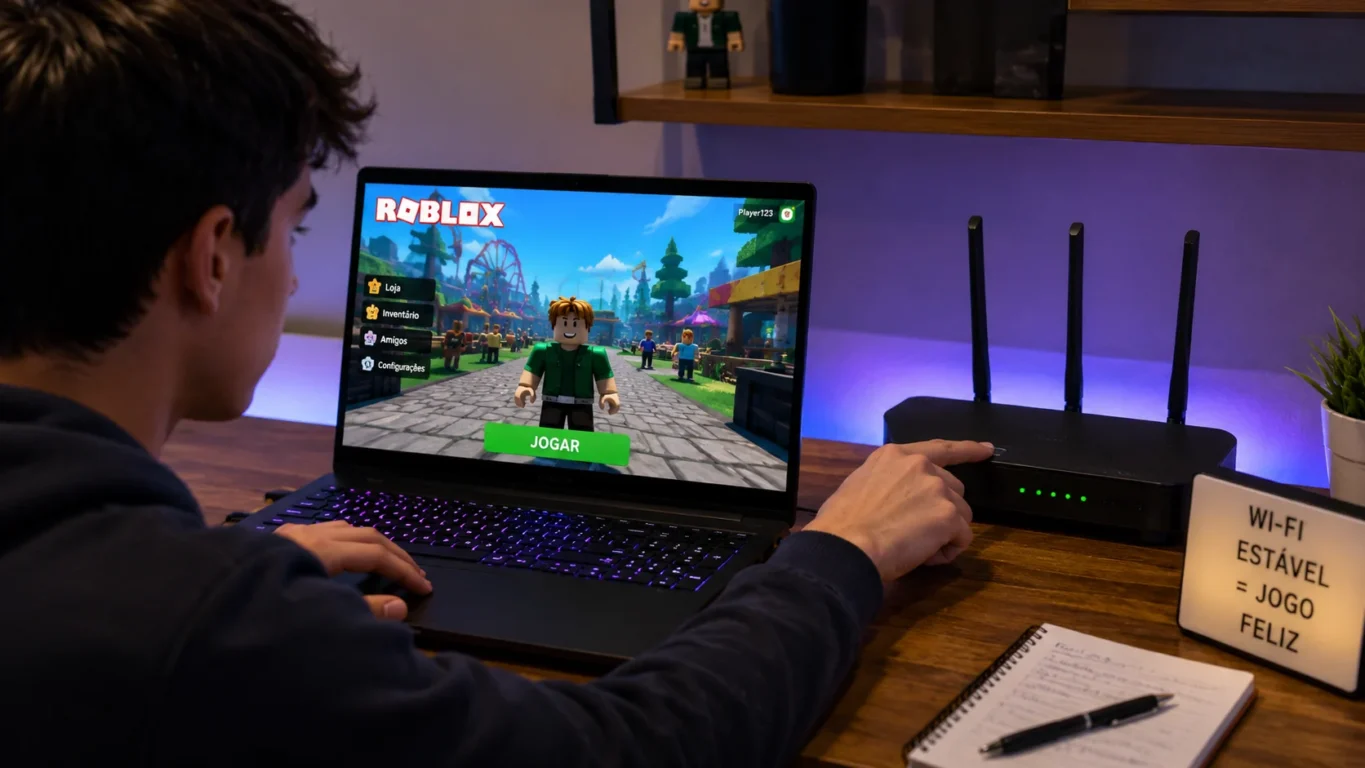 [Imagem: Pessoa reiniciando um roteador enquanto joga Roblox.]