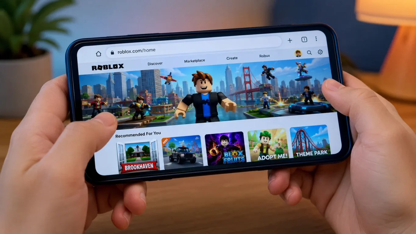 [Imagem: Pessoa utilizando Roblox pelo navegador em um smartphone moderno, sem o aplicativo instalado.]