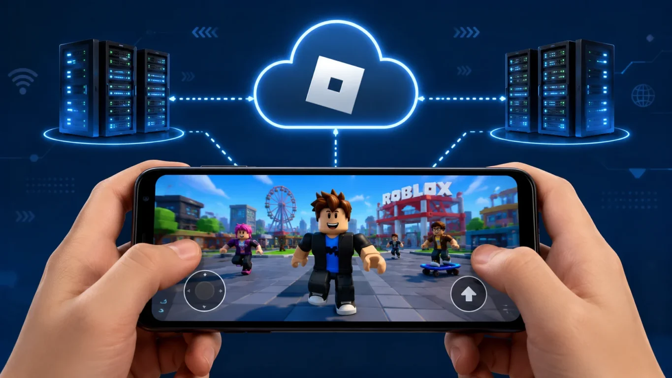 [Imagem: Ilustração mostrando um smartphone conectado a servidores em nuvem executando Roblox.]