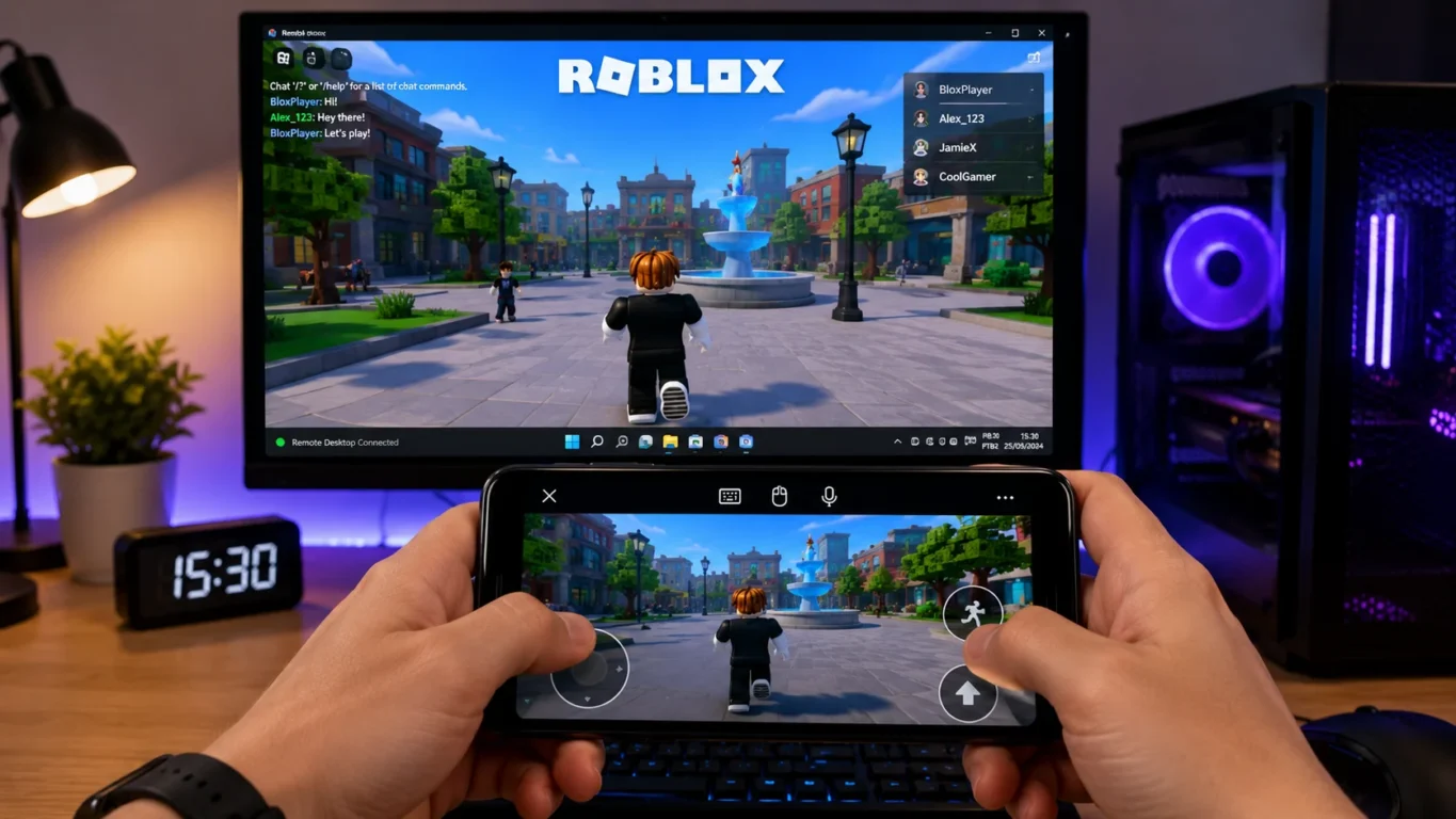 [Imagem: Smartphone controlando um computador remotamente enquanto Roblox está aberto.]