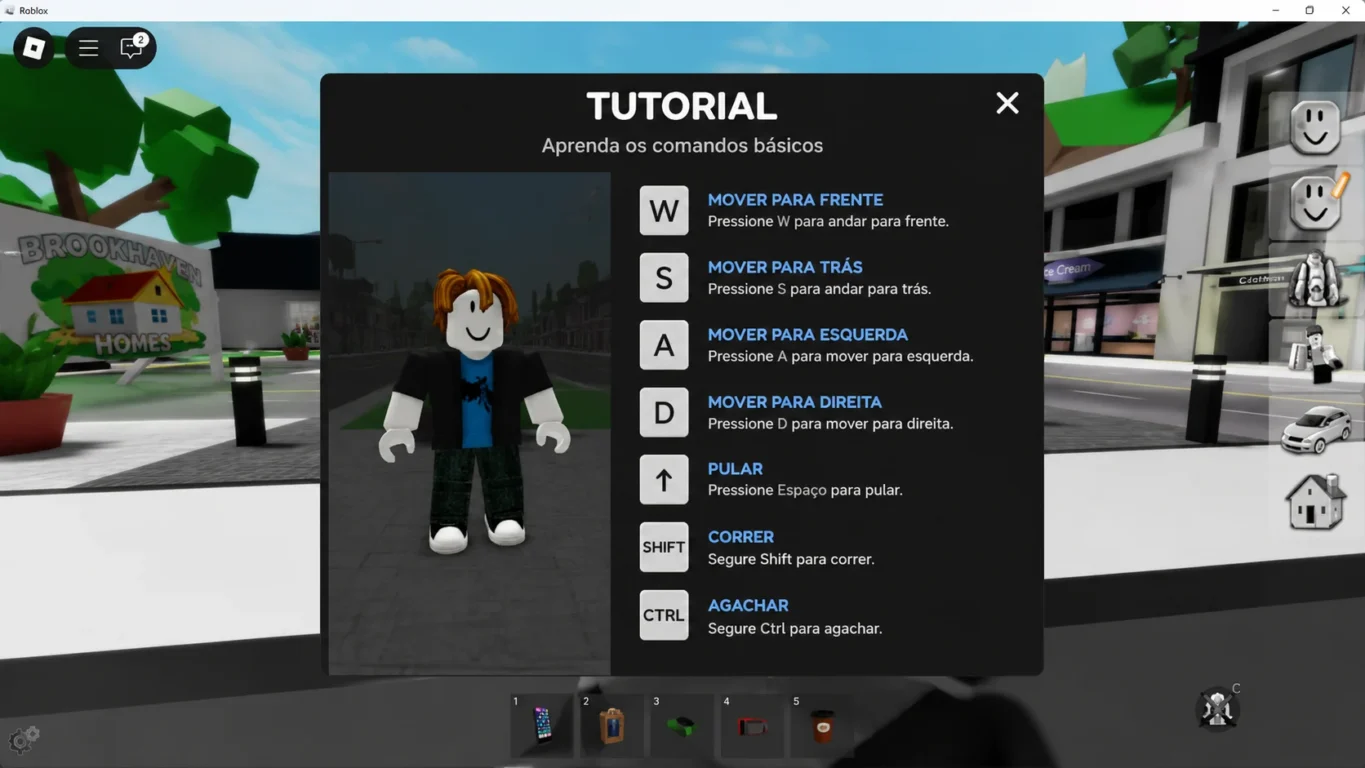 [Imagem: Tela do Roblox mostrando um tutorial com comandos de teclado para movimentação.]