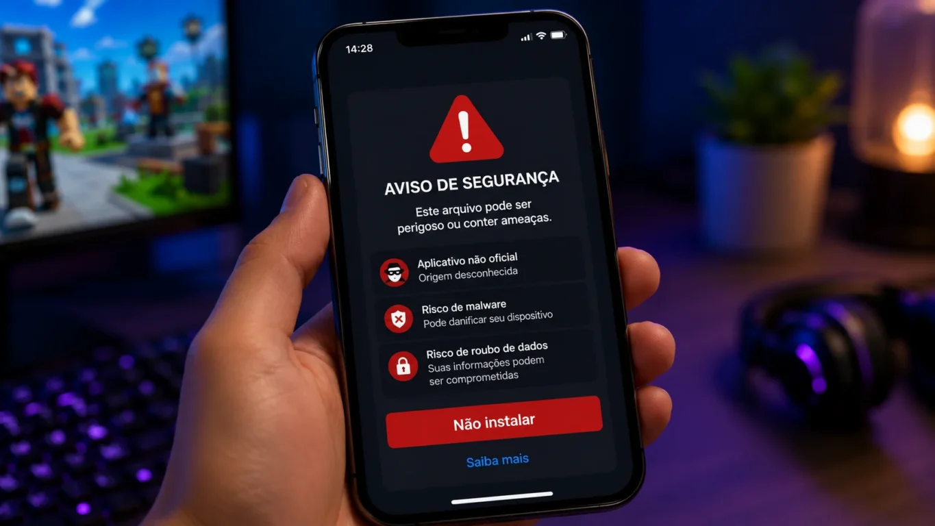 [Imagem: Tela de celular exibindo aviso de segurança sobre downloads de aplicativos falsos.]
